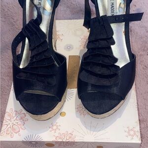 Steve Madden Black Ruffle Espadrille Wedge Sandals with Ankle Strap